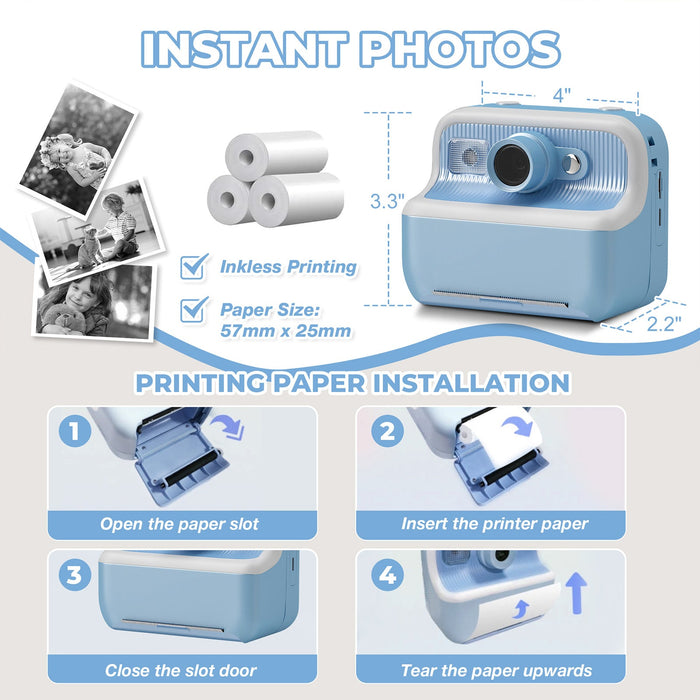 Kids Camera Instant Camera Christmas Birthday Gifts 1080P Digital Video Camera with 3 Rolls Paper, Blue