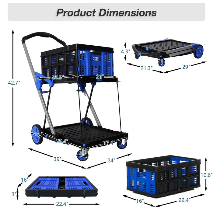 2-Tier Multi-Functional Collapsible Carts Foldable Trolley with Storage Crate Rolling Swivel Wheels