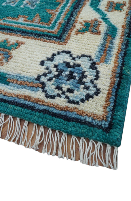 Traditional Khotan Design Teal And Beige Hand knotted 4x6  Wool Area Rug