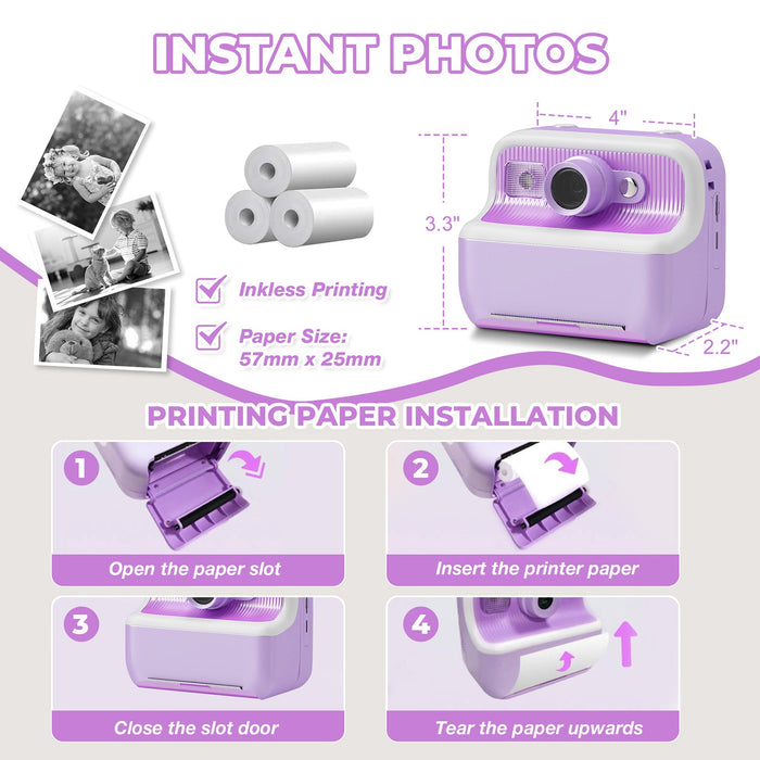 Kids Camera Instant Camera Christmas Birthday Gifts 1080P Digital Video Camera with 3 Rolls Paper, Purple