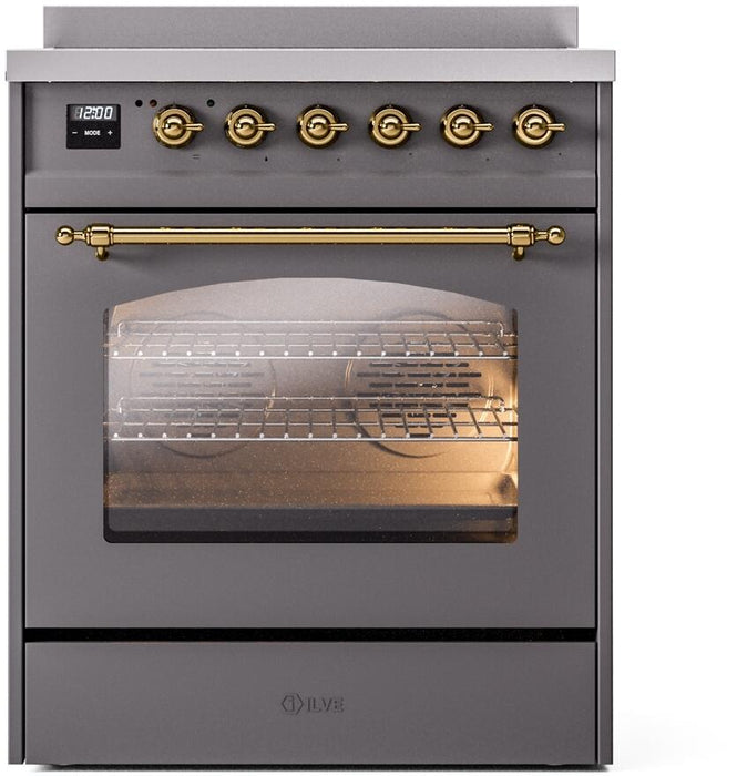 ILVE Nostalgie II 30" Induction Range with Element Stove and Electric Oven in Matte Graphite with Brass Trim, UPI304NMPMGG