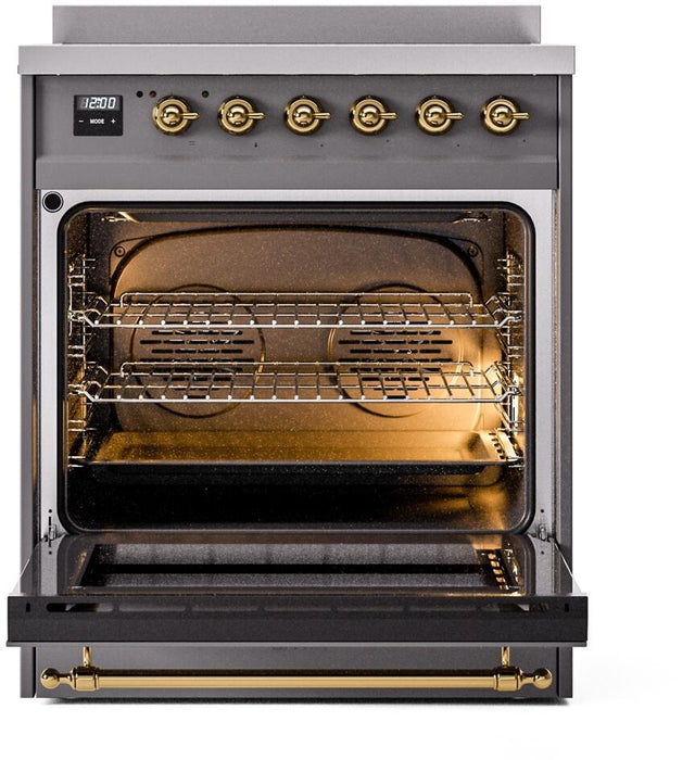 ILVE Nostalgie II 30" Induction Range with Element Stove and Electric Oven in Matte Graphite with Brass Trim, UPI304NMPMGG