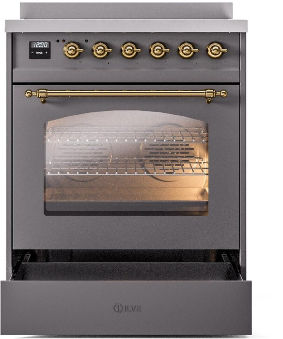 ILVE Nostalgie II 30" Induction Range with Element Stove and Electric Oven in Matte Graphite with Brass Trim, UPI304NMPMGG