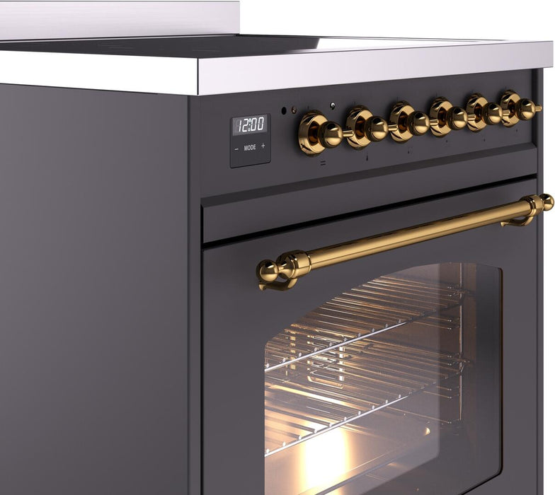 ILVE Nostalgie II 30" Induction Range with Element Stove and Electric Oven in Matte Graphite with Brass Trim, UPI304NMPMGG