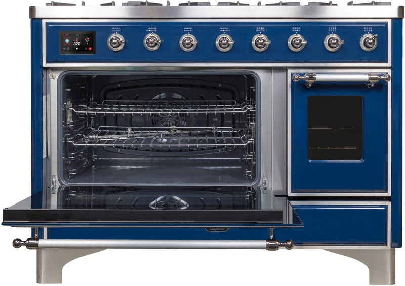 ILVE Majestic II 48" Dual Fuel Propane Gas Range in Blue with Chrome Trim, UM12FDNS3MBCLP