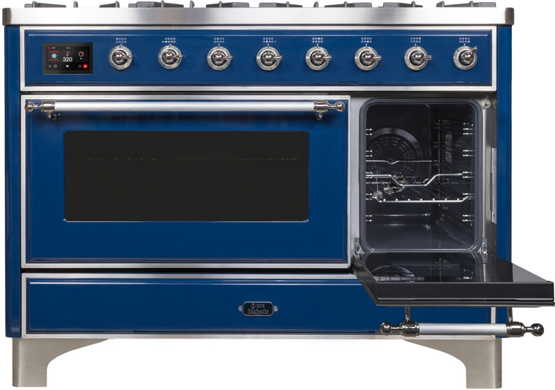 ILVE Majestic II 48" Dual Fuel Propane Gas Range in Blue with Chrome Trim, UM12FDNS3MBCLP