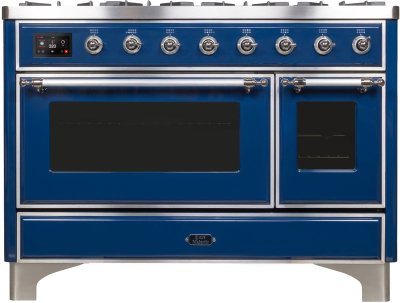 ILVE Majestic II 48" Dual Fuel Propane Gas Range in Blue with Chrome Trim, UM12FDNS3MBCLP