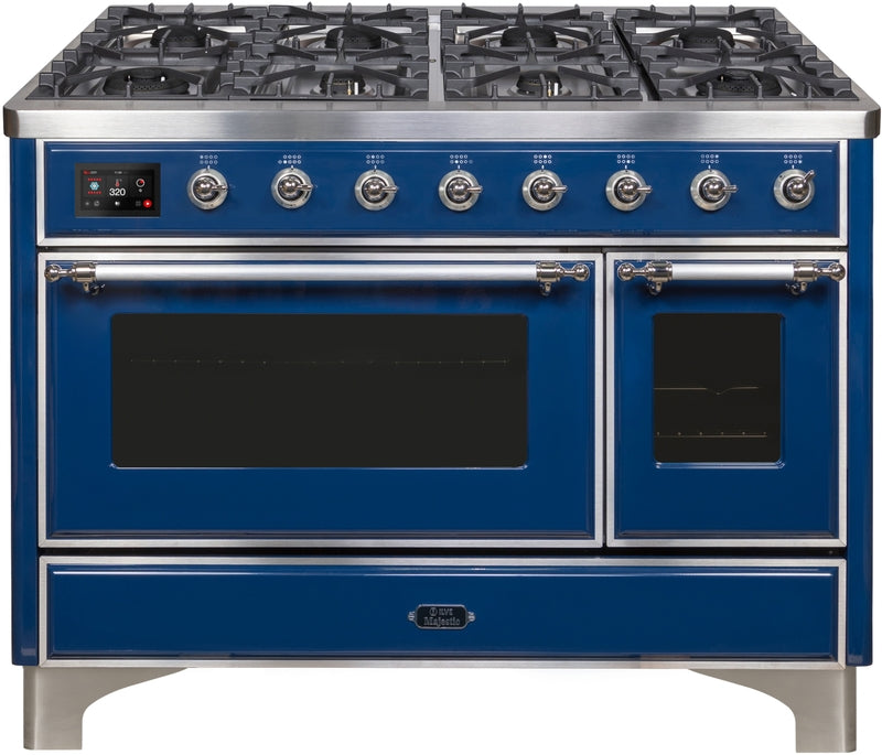 ILVE Majestic II 48" Dual Fuel Propane Gas Range in Blue with Chrome Trim, UM12FDNS3MBCLP