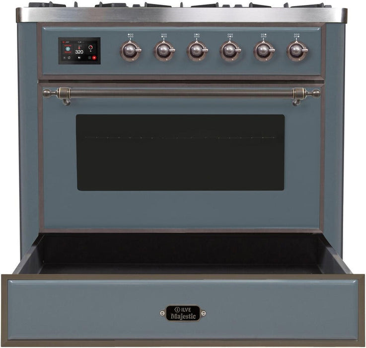 ILVE Majestic II 36" Dual Fuel Propane Gas Range in Blue Grey with Bronze Trim, UM09FDNS3BGBLP