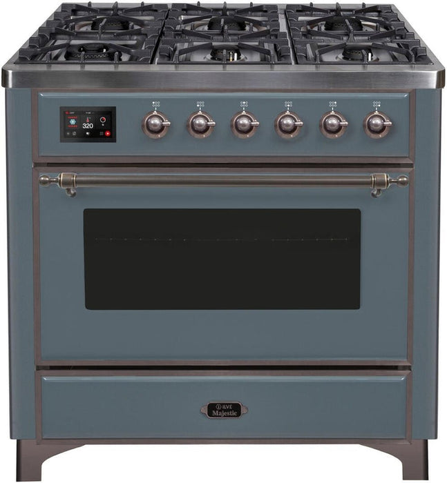 ILVE Majestic II 36" Dual Fuel Propane Gas Range in Blue Grey with Bronze Trim, UM09FDNS3BGBLP