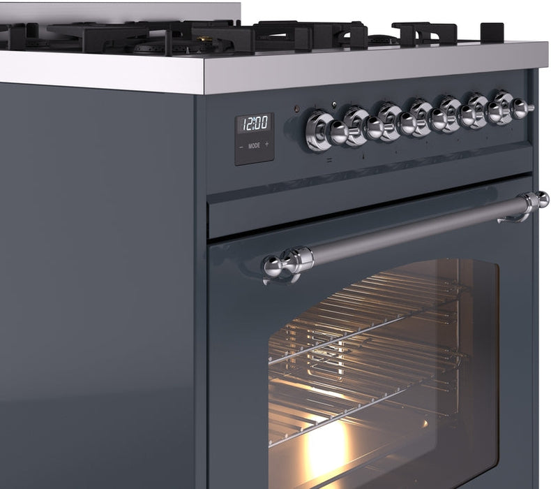 ILVE Nostalgie II 30" Dual Fuel Natural Gas Range in Blue Grey with Chrome Trim, UP30NMPBGC