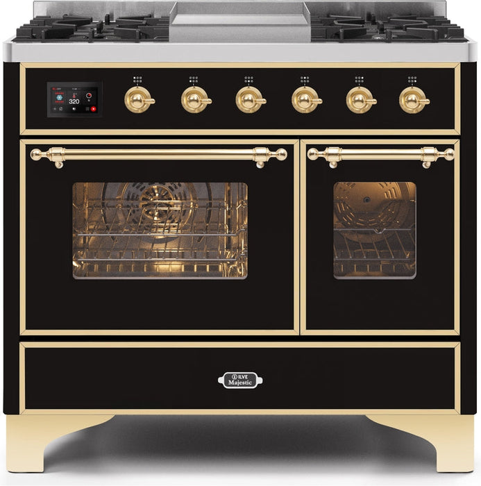 ILVE Majestic II 40" Dual Fuel Propane Gas Range in Glossy Black with Brass Trim, UMD10FDNS3BKGLP