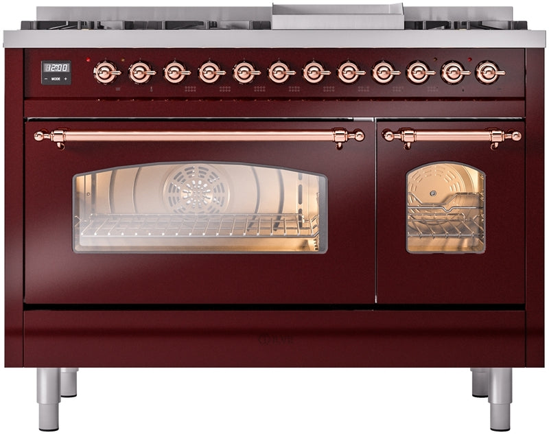 ILVE Nostalgie II 48" Dual Fuel Propane Gas Range in Burgundy with Copper Trim, UP48FNMPBUPLP