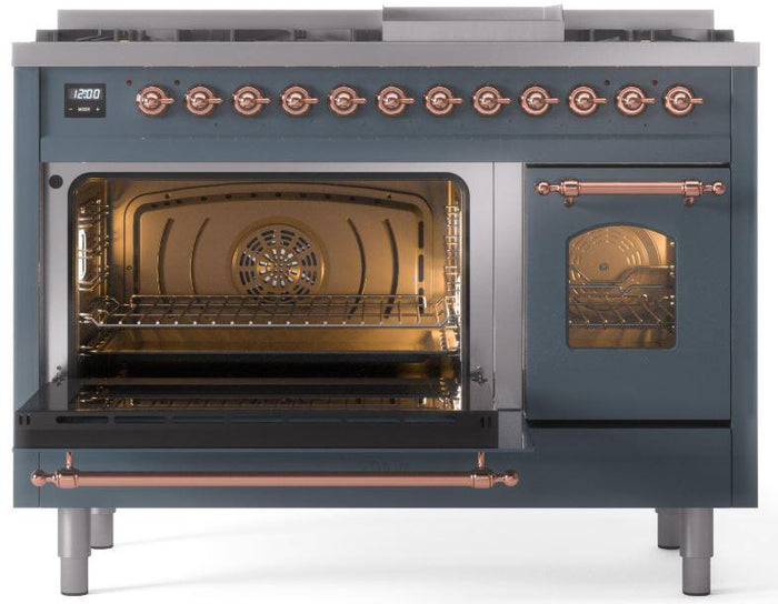 ILVE Nostalgie II 48" Dual Fuel Natural Gas Range in Blue Grey with Copper Trim, UP48FNMPBGP