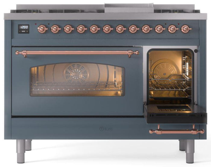 ILVE Nostalgie II 48" Dual Fuel Natural Gas Range in Blue Grey with Copper Trim, UP48FNMPBGP