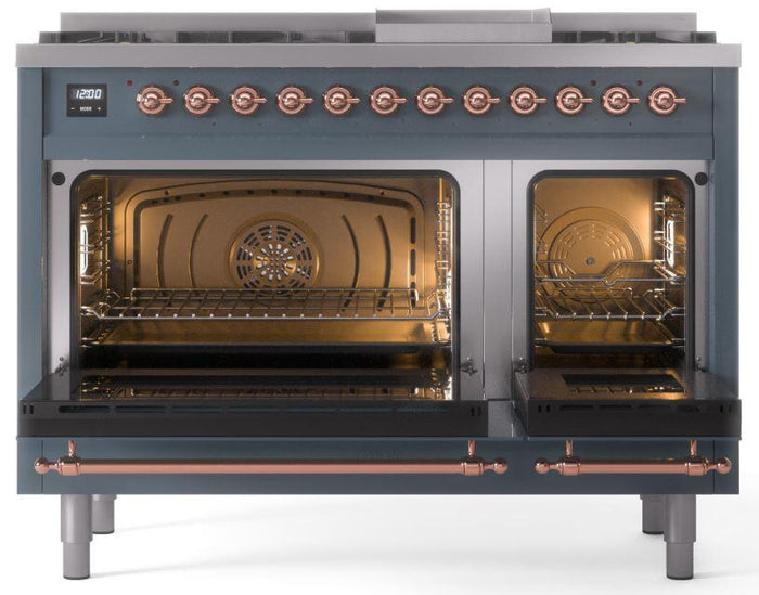 ILVE Nostalgie II 48" Dual Fuel Propane Gas Range in Blue Grey with Copper Trim, UP48FNMPBGPLP