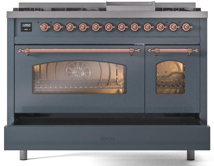 ILVE Nostalgie II 48" Dual Fuel Propane Gas Range in Blue Grey with Copper Trim, UP48FNMPBGPLP