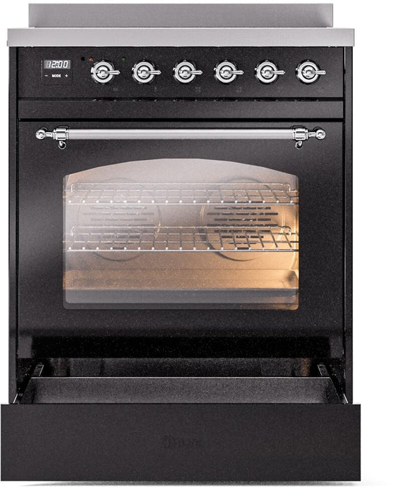 ILVE Nostalgie II 30" Induction Range with Element Stove and Electric Oven in Black with Chrome Trim, UPI304NMPBKC