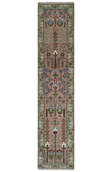 Pink, Olive and Beige Traditional Vintage Heriz Serapi Wool Rug
