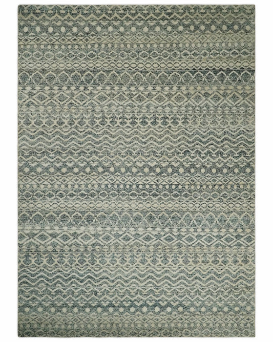 Hand Knotted Blue, Beige and Camel Modern Contemporary Southwestern Tribal Trellis Recycled Silk Area Rug