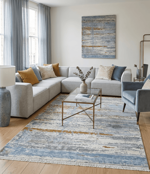9x12 Fine Hand Knotted Ivory and Blue Modern Abstract Style Wool and Silk Area Rug