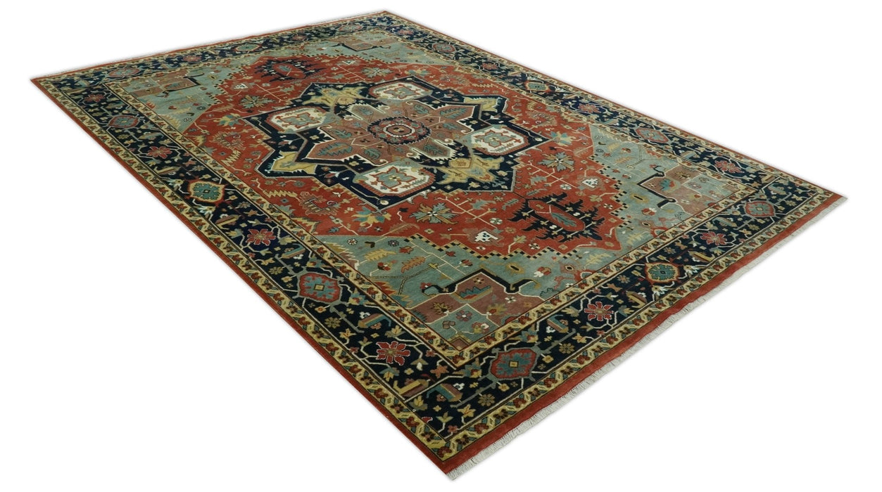 9x12 Fine Hand Knotted Rust, Blue and Aqua Traditional Heriz wool area rug