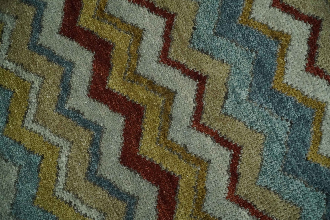 9x12 Gray, Maroon, Ivory and Mustard Stripes Pattern Hand knotted wool Area Rug