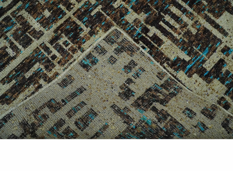 9x12 Hand Knotted Beige and Brown Modern Abstract Contemporary Recycled Silk Area Rug | OP36