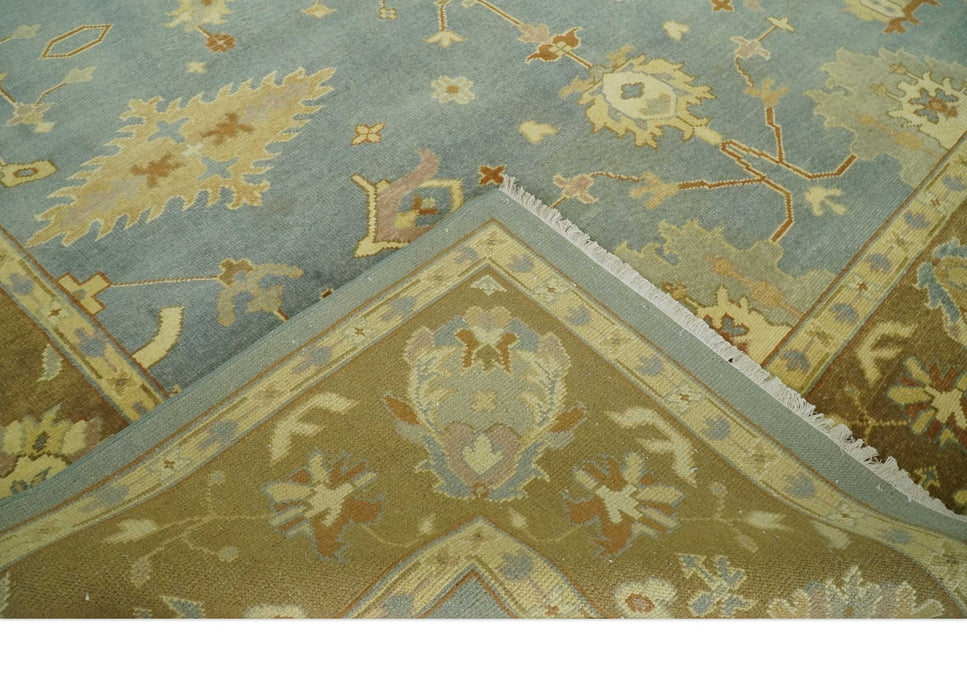 9x12 Hand Knotted Blue and Brown Traditional Antique Style Wool Area Rug