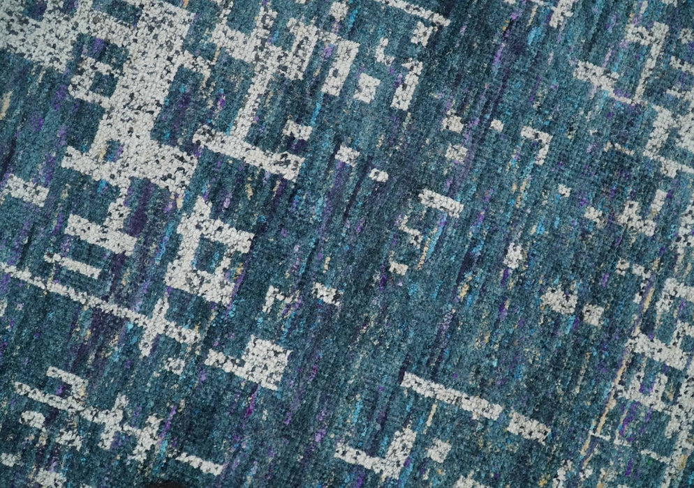 9x12 Hand Knotted Blue and Silver Modern Abstract Contemporary Recycled Silk Area Rug | OP3