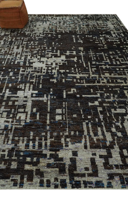 5x8 and 9x12 Hand Knotted Silver, Charcoal and Brown Modern Abstract  Recycled Silk Area Rug
