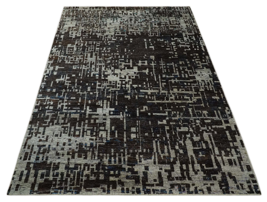 5x8 and 9x12 Hand Knotted Silver, Charcoal and Brown Modern Abstract  Recycled Silk Area Rug