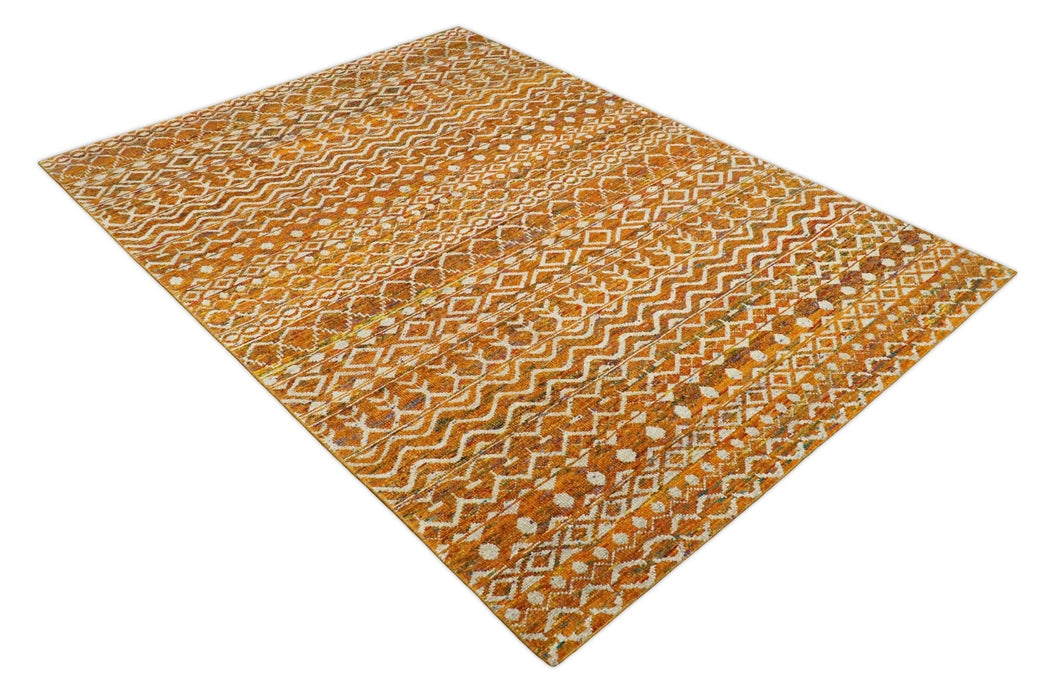 9x12 Hand Knotted Gold and White Modern Contemporary Southwestern Tribal Trellis Recycled Silk Area Rug | OP16
