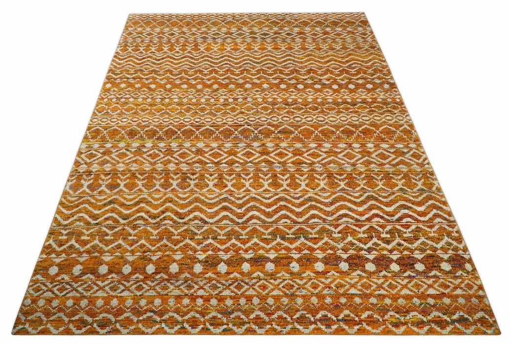 9x12 Hand Knotted Gold and White Modern Contemporary Southwestern Tribal Trellis Recycled Silk Area Rug | OP16