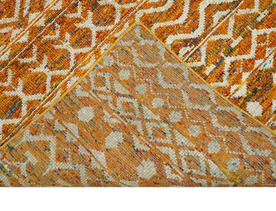 9x12 Hand Knotted Gold and White Modern Contemporary Southwestern Tribal Trellis Recycled Silk Area Rug | OP16