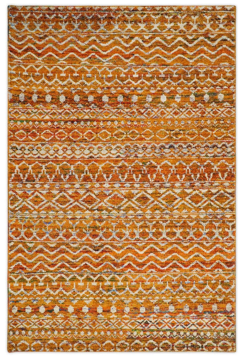 9x12 Hand Knotted Gold and White Modern Contemporary Southwestern Tribal Trellis Recycled Silk Area Rug