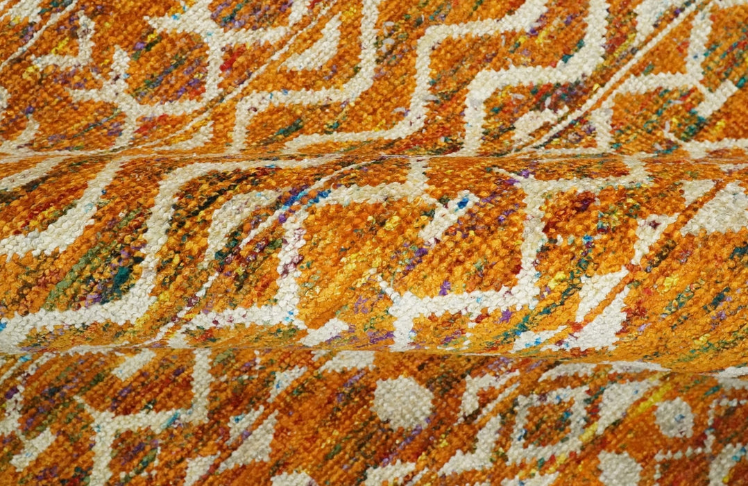 9x12 Hand Knotted Gold and White Modern Contemporary Southwestern Tribal Trellis Recycled Silk Area Rug | OP16