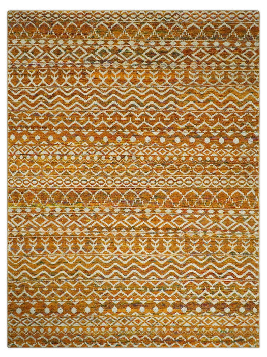 9x12 Hand Knotted Gold and White Modern Contemporary Southwestern Tribal Trellis Recycled Silk Area Rug | OP16