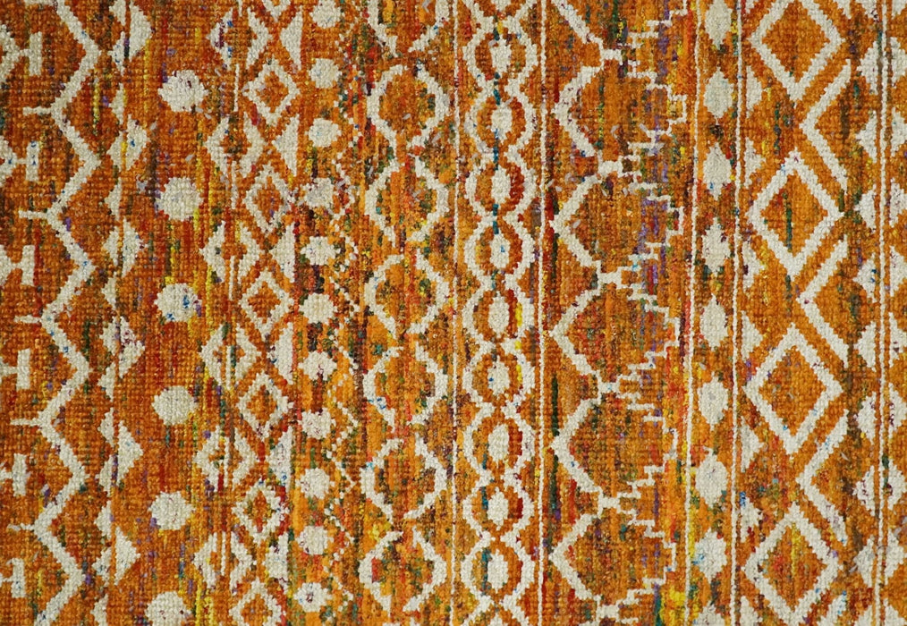 9x12 Hand Knotted Gold and White Modern Contemporary Southwestern Tribal Trellis Recycled Silk Area Rug | OP16