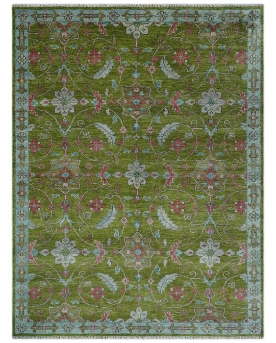 9x12 Hand Knotted Green, Silver and Maroon Traditional Wool Area Rug