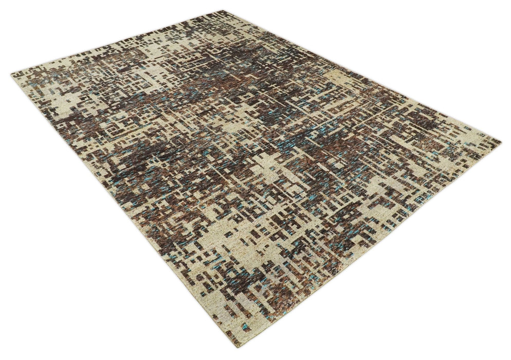 9x12 Hand Knotted Ivory and Brown Modern Abstract Contemporary Recycled Silk Area Rug | OP12