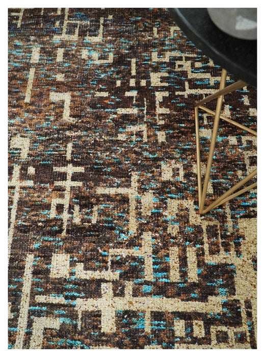 9x12 Hand Knotted Ivory and Brown Modern Abstract Contemporary Recycled Silk Area Rug | OP12