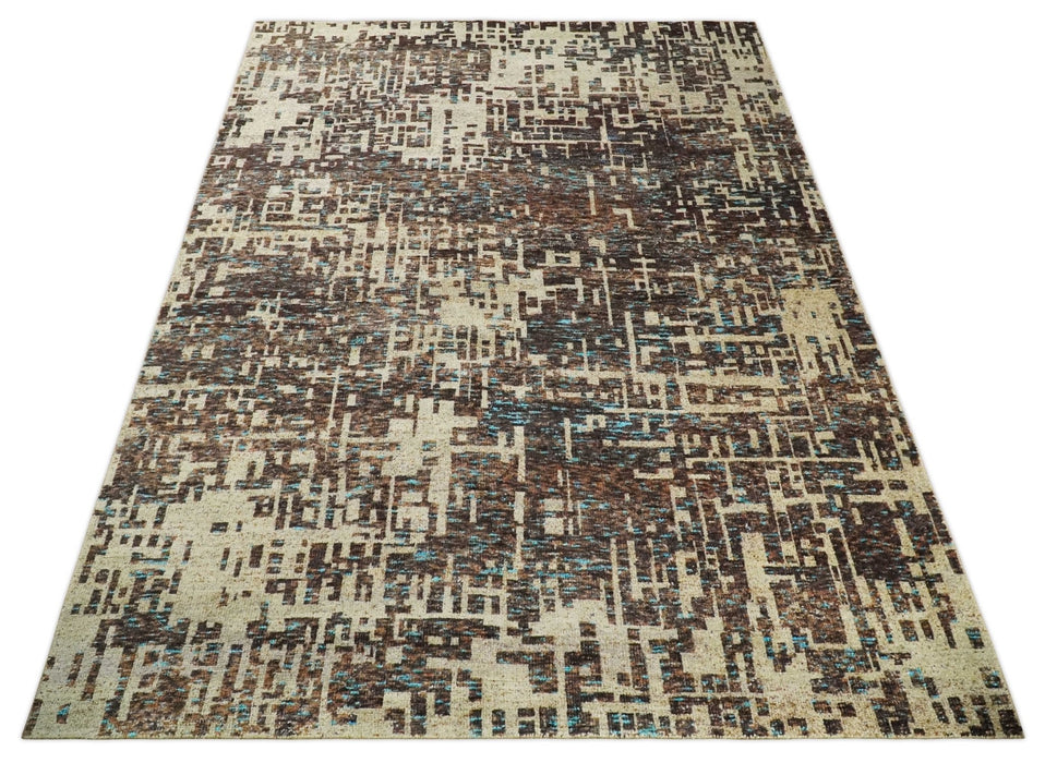 9x12 Hand Knotted Ivory and Brown Modern Abstract Contemporary Recycled Silk Area Rug | OP12