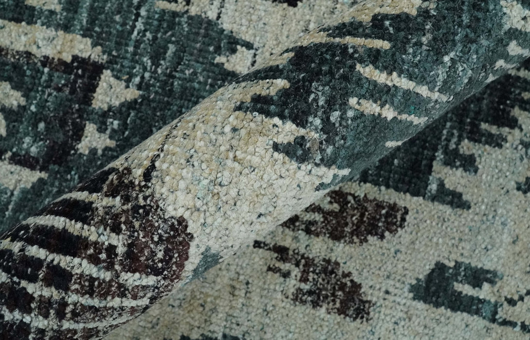 9x12 Hand Knotted Ivory, Teal and Brown Contemporary Style Recycled Silk Area Rug
