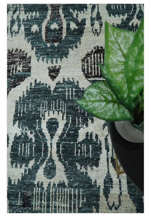 9x12 Hand Knotted Ivory, Teal and Brown  Antique Persian Style Contemporary Recycled Silk Area Rug | OP38