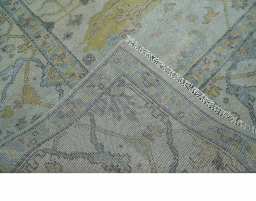 9x12 Hand Knotted Oriental Oushak Ivory, Charcoal and Yellow Wool Area Rug