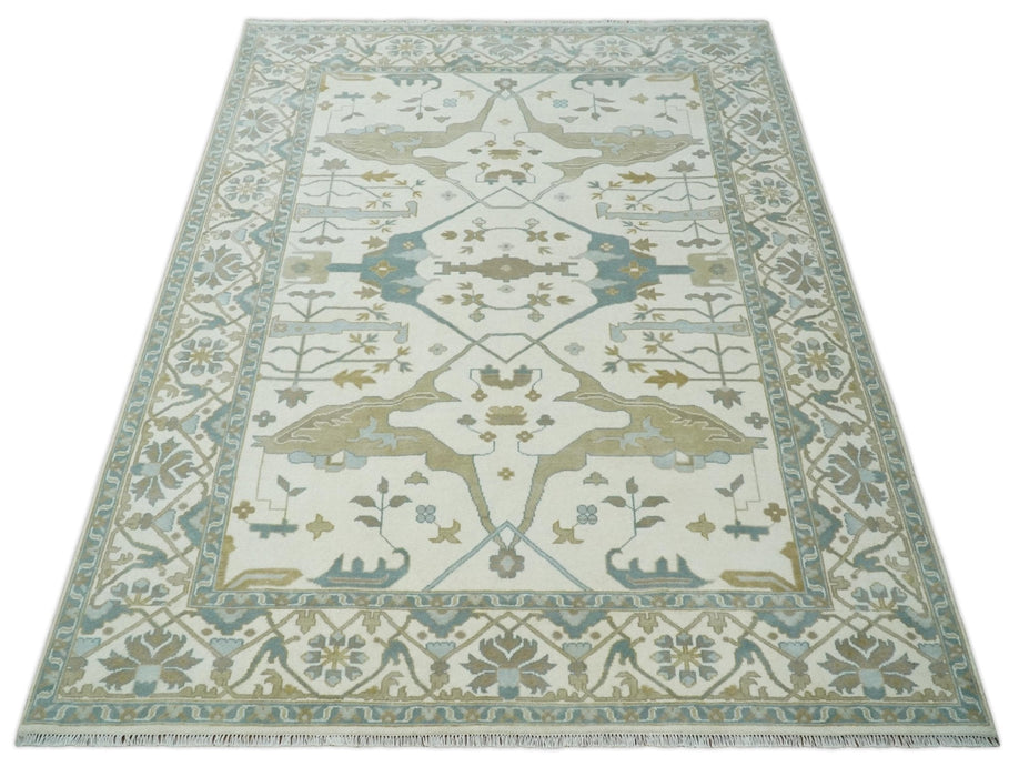 9x12 Hand Knotted Oriental Oushak Ivory, Teal and Beige Wool Area Rug