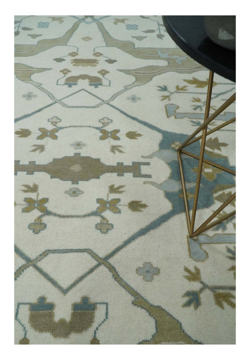 9x12 Hand Knotted Oriental Oushak Ivory, Teal and Beige Wool Area Rug