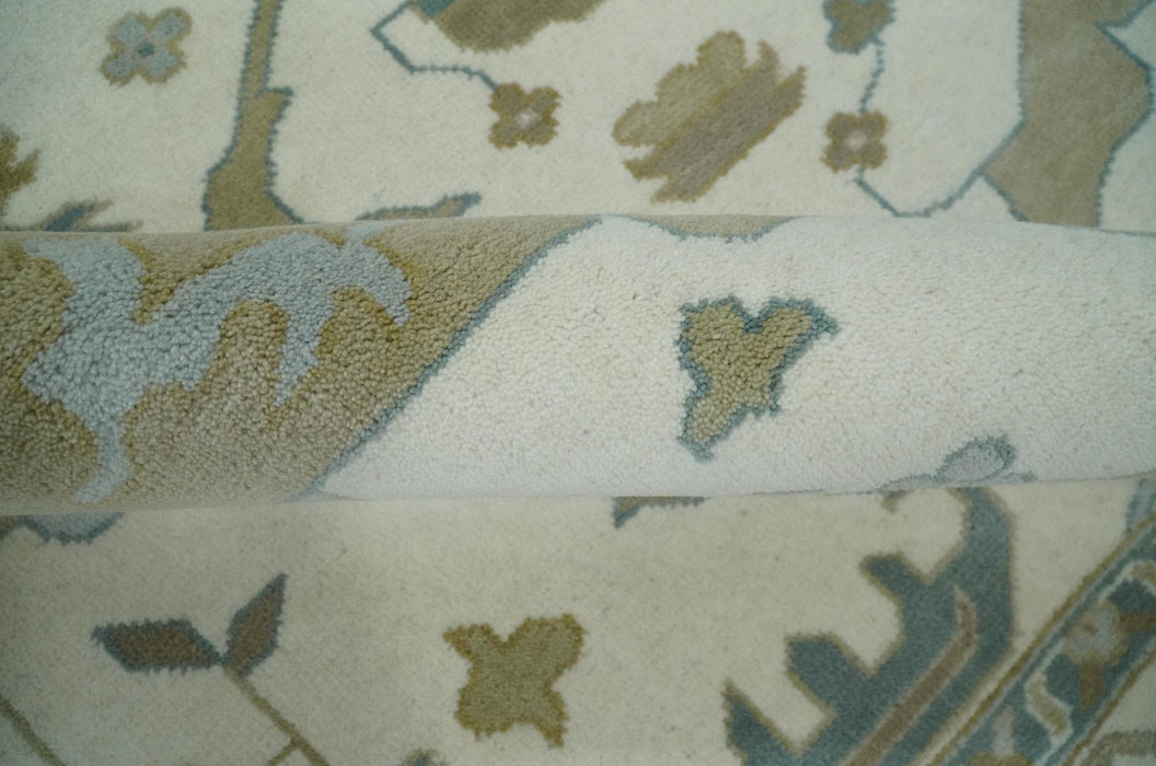 9x12 Hand Knotted Oriental Oushak Ivory, Teal and Beige Wool Area Rug