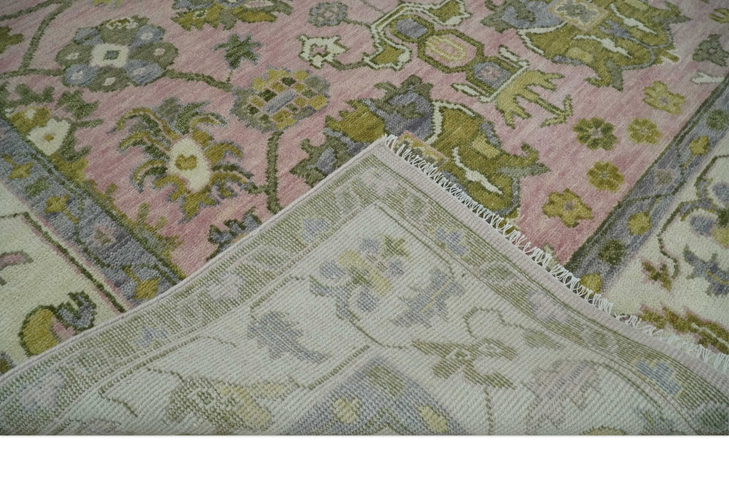 9x12 Hand Knotted Peach, Ivory and Olive Traditional Antique Style Wool Area Rug